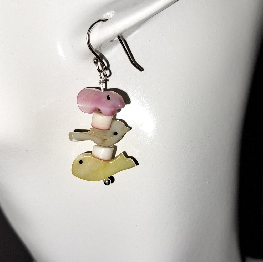 Vintage Beads Mother of Pearl Carved Animal & Shell Bead Earrings in Sterling